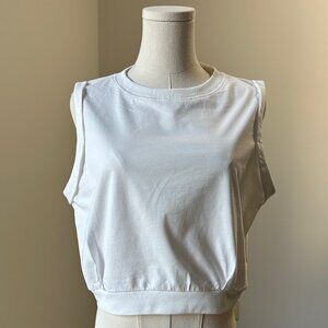 Cropped White Muscle Tank with Rolled Sleeve, Gathered Bottom, Size Medium